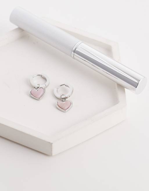 Abbott Lyon pale pink opal heart huggie hoop earrings in silver, 2 of 4