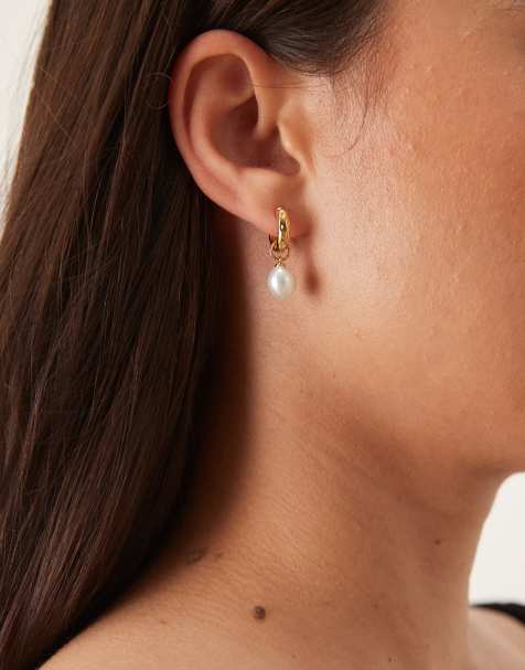 Abbott Lyon pearl drop huggie hoop earrings in 18k gold plated waterproof stainless steel - view 1