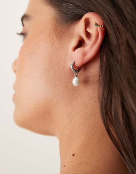 Abbott Lyon pearl drop huggie hoop earrings in silver plated waterproof stainless steel - view 1