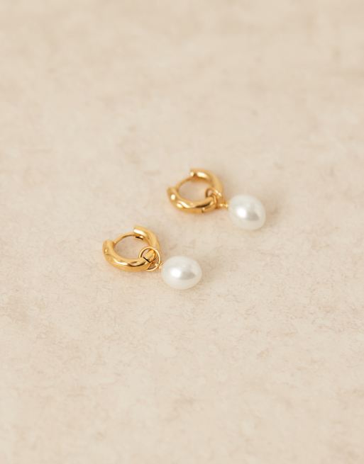 Abbott Lyon - Petites créoles en acier inoxydable étanche plaqué or 18 carats avec perle nacrée, 3 de 4
