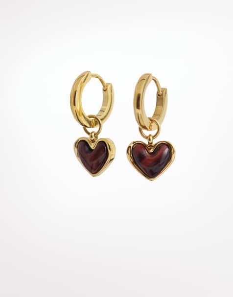 Abbott Lyon - Petites créoles en acier inoxydable plaqué 19 carats avec détail cœur en œil-de-tigre - Doré - view 1