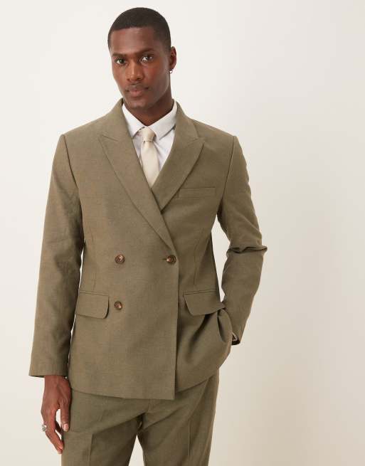 Abercombie & Fitch double breasted linen look suit blazer in olive green (part of a set)