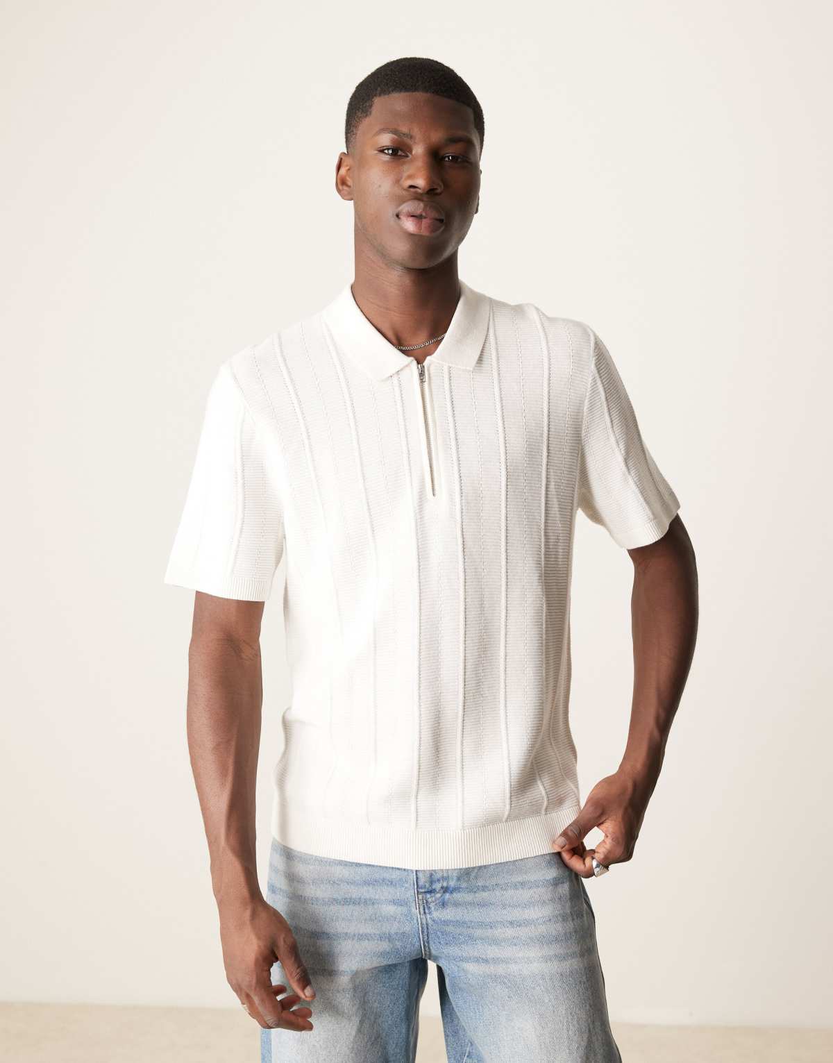 Abercrombie & Fitch 1/4 zip short sleeve knit polo in cream