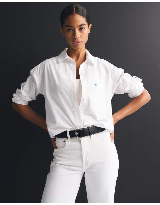 Abercrombie & Fitch 100% cotton poplin oversized shirt in white, 2 of 7