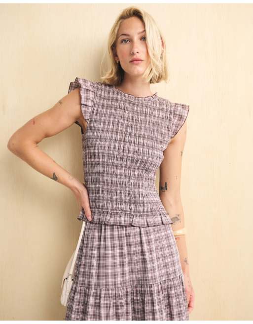 Abercrombie & Fitch 100% cotton smocked tie-back top in brown plaid, 2 of 6