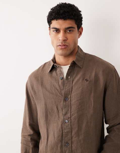 Abercrombie & Fitch 100% linen long sleeve shirt in fine brown stripes - view 1