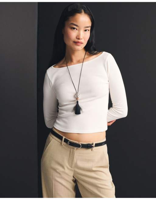 Abercrombie & Fitch 3/4 sleeve boat neck top in cream, 2 of 4