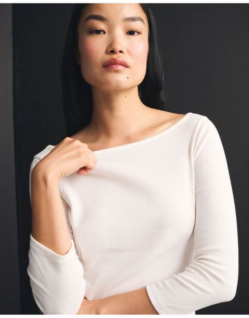 Abercrombie & Fitch 3/4 sleeve boat neck top in cream, 4 of 4