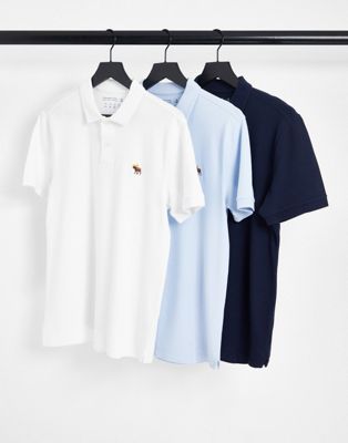 Abercrombie & Fitch 3 pack 3D icon logo slim fit pique polo in white/blue/navy
