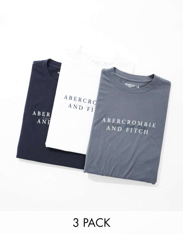 Abercrombie & Fitch - 3 pack centre chest logo t-shirt in navy/grey/white