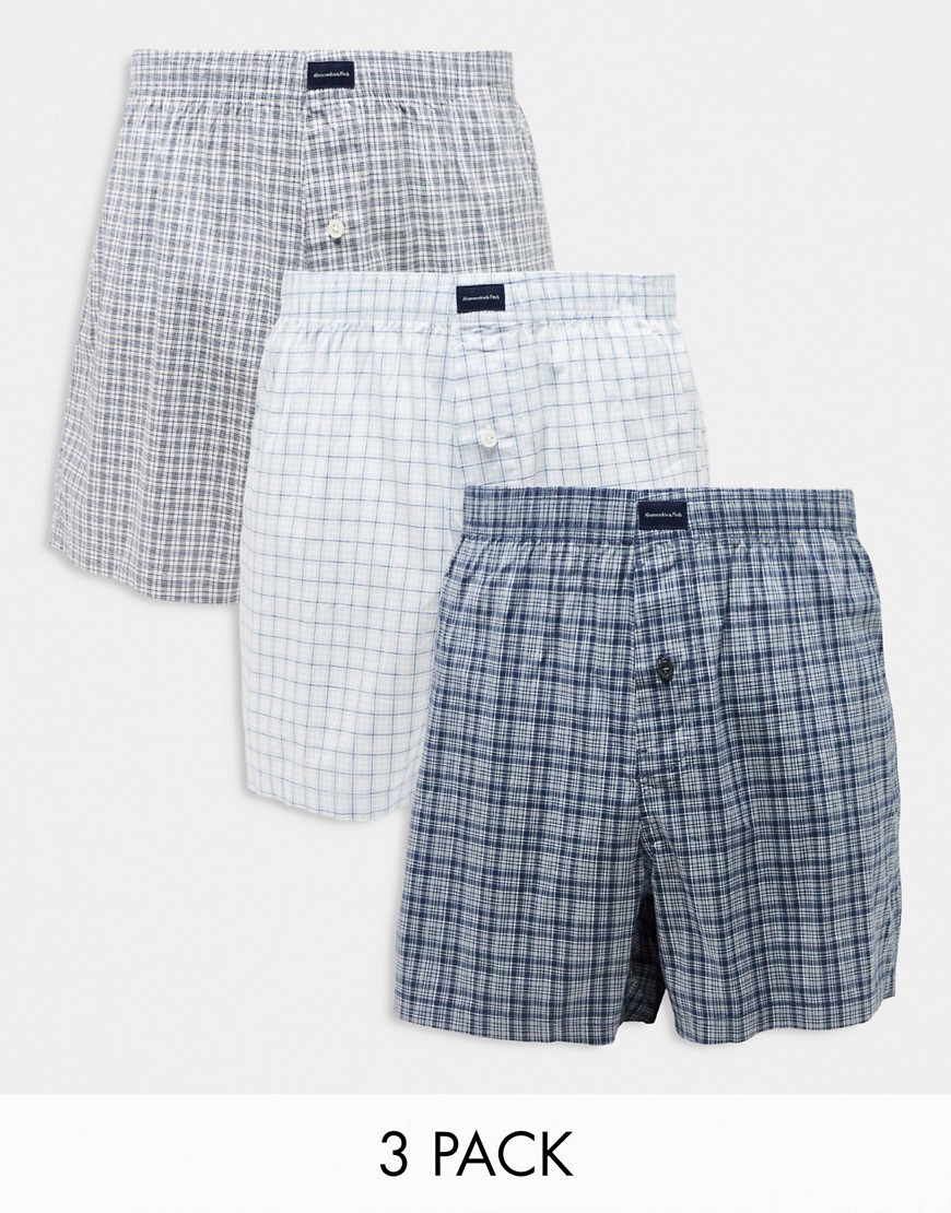 Abercrombie & Fitch 3 pack check woven boxer shorts in blues