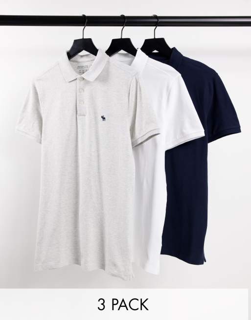 Abercrombie & Fitch 3 pack icon logo core pique polo in white/gray/navy