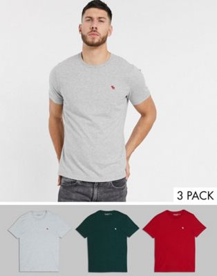 Abercrombie & Fitch 3 pack icon logo crew neck t-shirt in green/grey/red-Multi