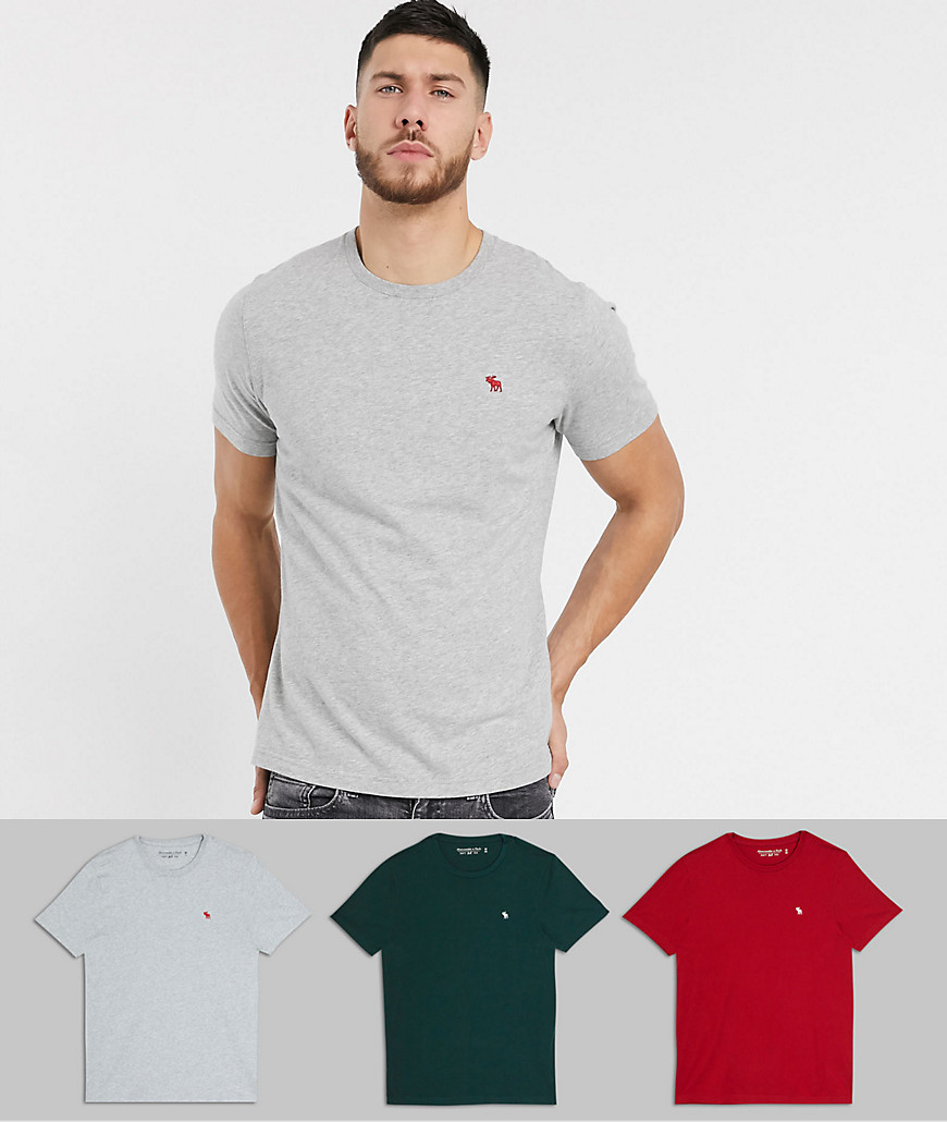Abercrombie & Fitch 3 pack icon logo crew neck t-shirt in green/grey/red-Multi