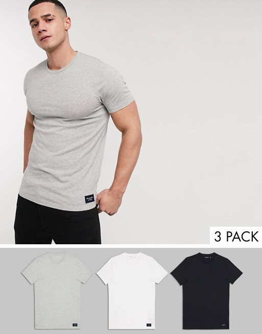 Abercrombie & Fitch 3 pack label logo crew neck t-shirt in white/grey/black