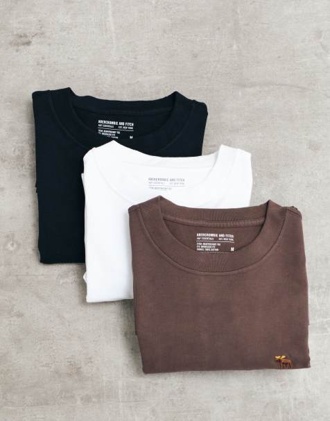 Abercrombie & Fitch 3 pack icon logo heavyweight long sleeve t-shirts in white/brown/black - view 1
