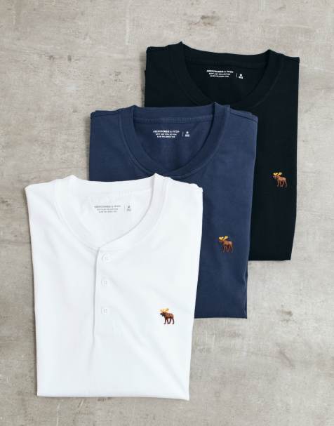 Abercrombie & Fitch 3 pack icon logo henley t-shirt in beige, navy and black - view 1