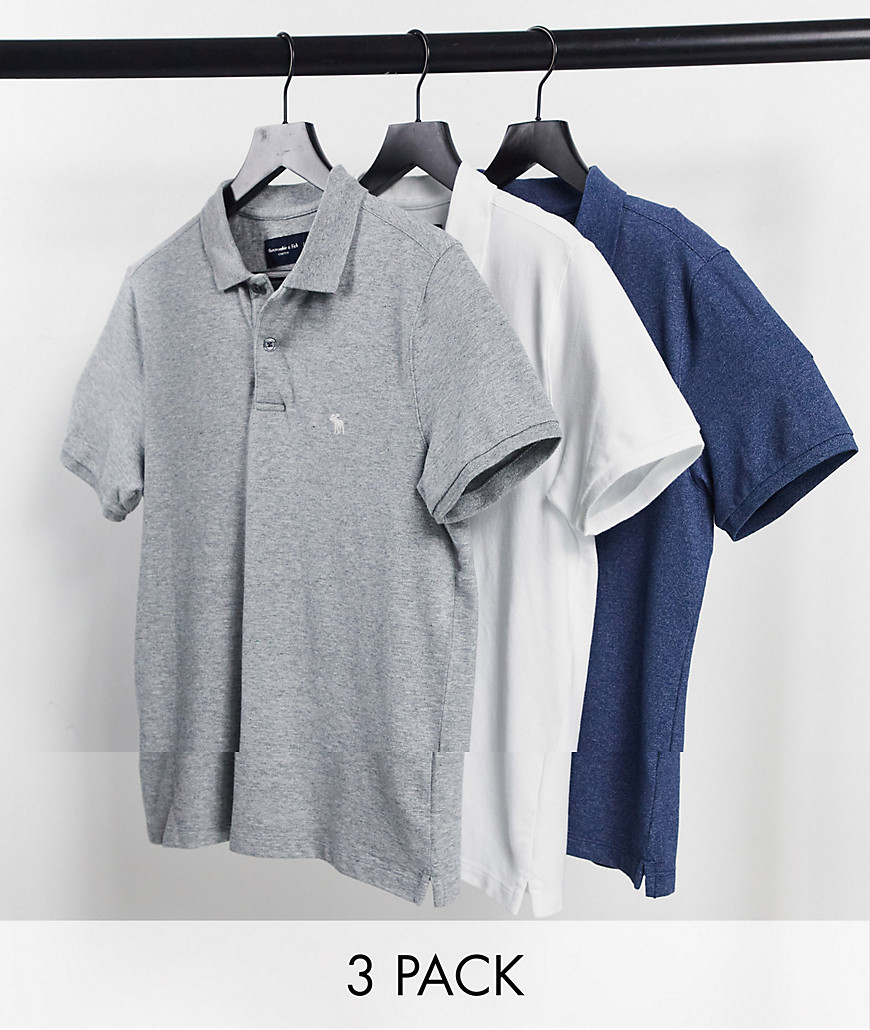 Abercrombie & Fitch 3 Pack Icon Logo Pique Polo In White/blue/gray Heather-multi