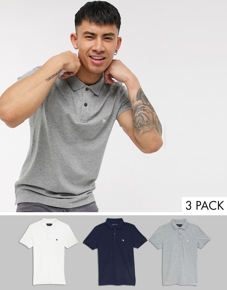Abercrombie & Fitch 3 pack icon logo pique polo in white/grey/black-Multi