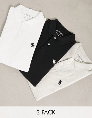 Abercrombie & Fitch 3 pack icon logo pique polo in white/grey/black