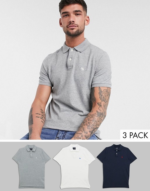 Abercrombie & Fitch 3 pack icon logo pique polo in white/grey/navy