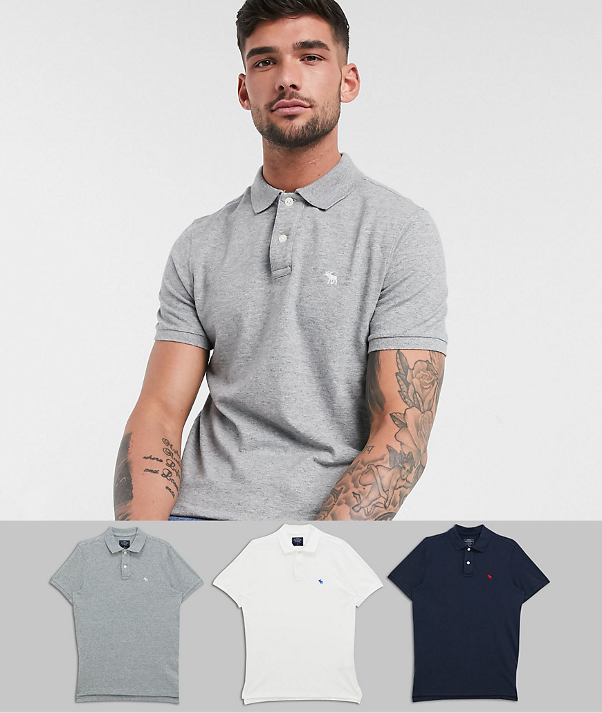 Abercrombie & Fitch 3 pack icon logo pique polo in white/grey/navy-Multi