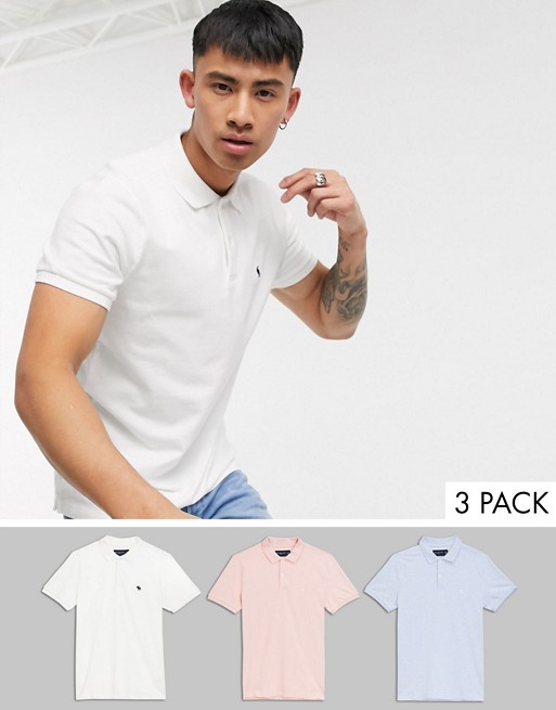 Abercrombie & Fitch 3 pack icon logo pique polo in white/pink/blue