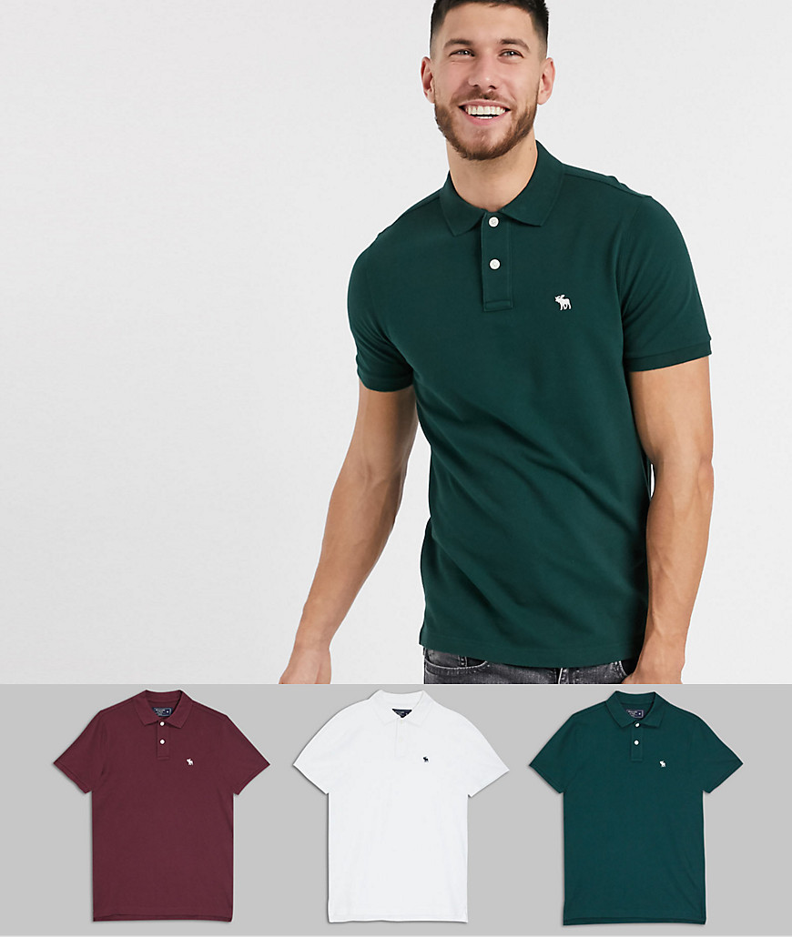 Abercrombie & Fitch 3 pack icon logo pique polo slim fit in white/burg/green-Multi