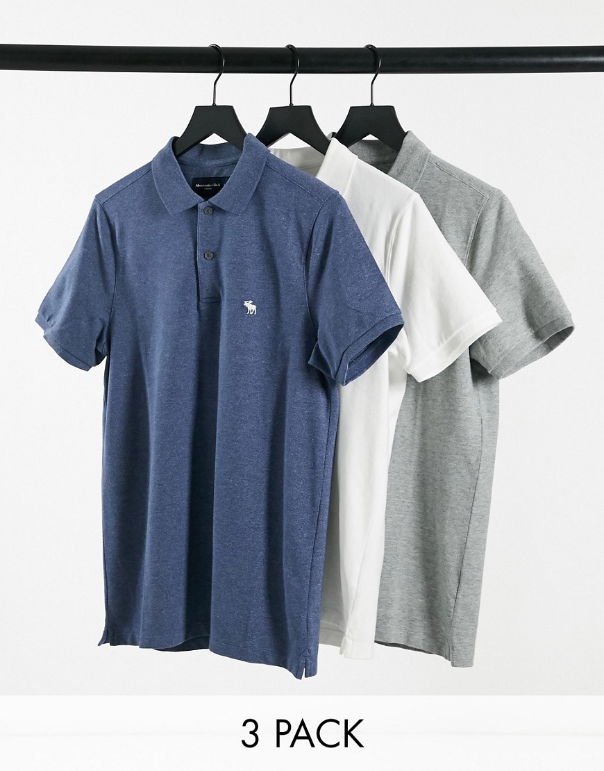 Abercrombie & Fitch 3 pack icon logo pique polos in white/blue/gray-Multi