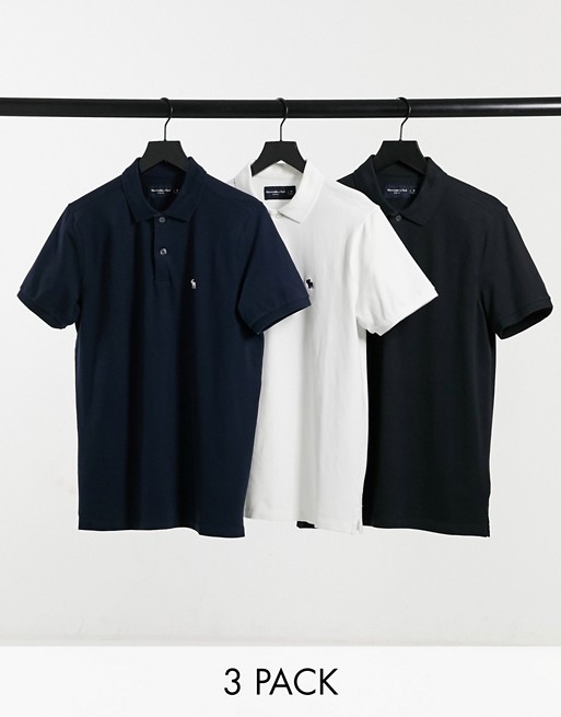 Abercrombie & Fitch 3 pack icon logo pique polos in white/navy/black
