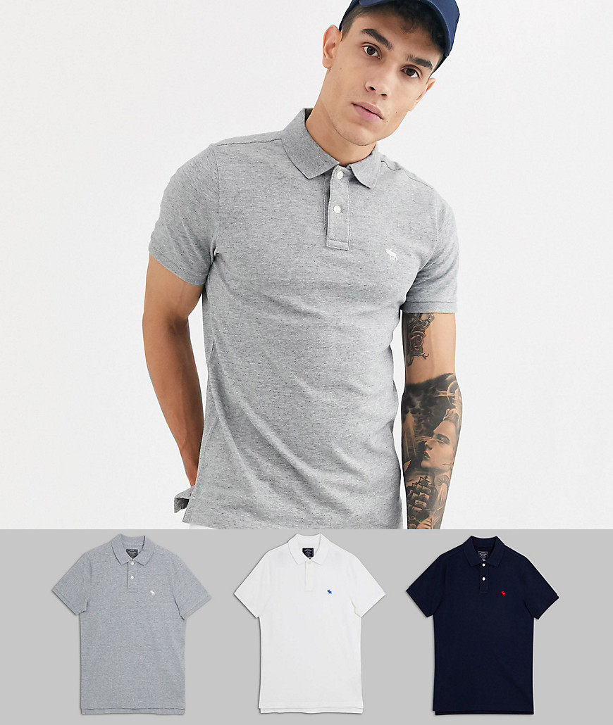 Abercrombie & Fitch 3 pack icon logo polo in grey/white/black-Multi