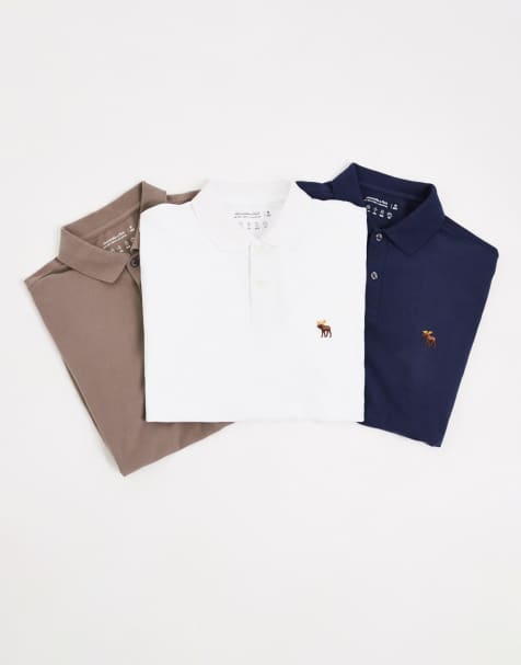 Abercrombie & Fitch 3 pack icon logo polo shirts in solid neutrals