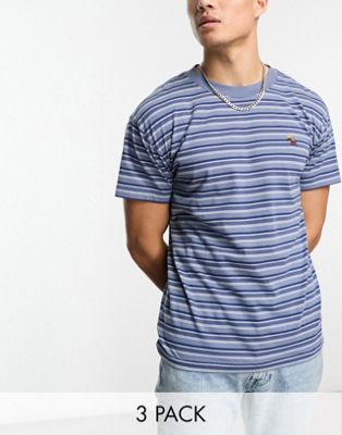 Abercrombie & Fitch 3 pack icon logo stripe & plain t-shirt in blue/white/navy