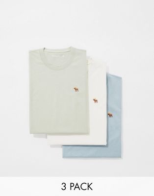Abercrombie & Fitch 3 pack icon logo t-shirt in beige/green/blue