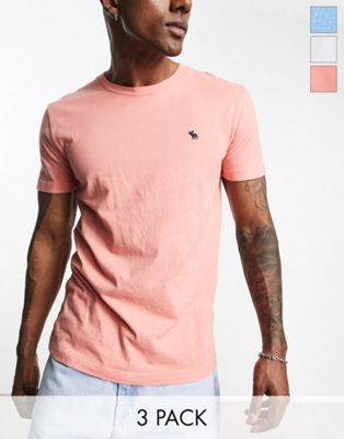 Abercrombie & Fitch 3 pack icon logo t-shirt in coral/white/light blue - ASOS Price Checker