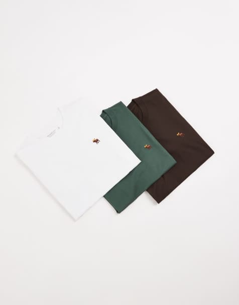 Abercrombie & Fitch 3 pack icon logo t-shirt in white, green and brown - view 1