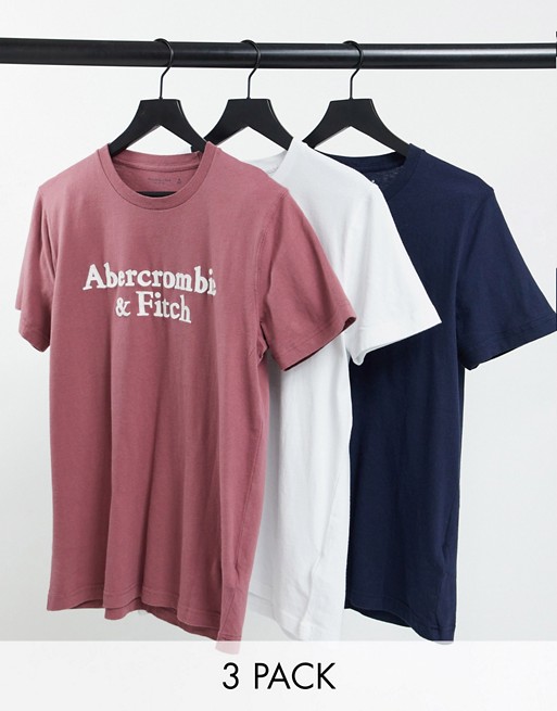 Abercrombie & Fitch 3 pack large front logo t-shirt in white/burgundy/navy
