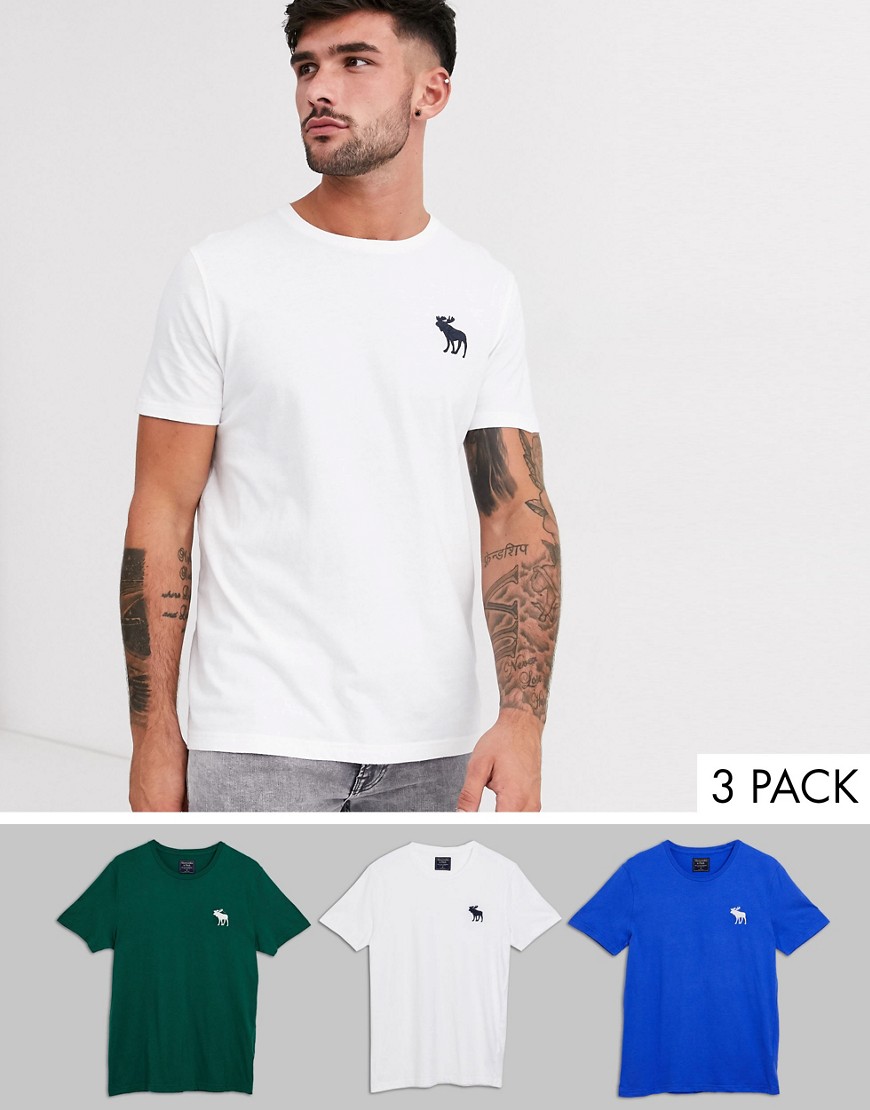 Abercrombie & Fitch 3 pack large icon logo t-shirt in green/white/blue-Multi
