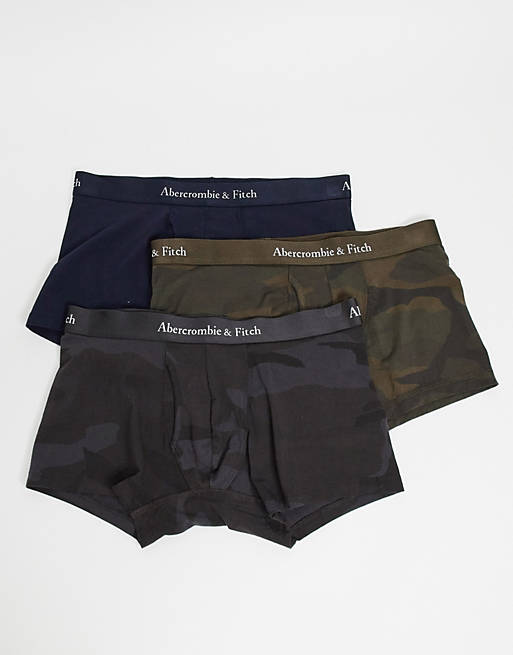 Abercrombie & Fitch 3 pack logo waistband trunks in black & black/olive  camo | ASOS