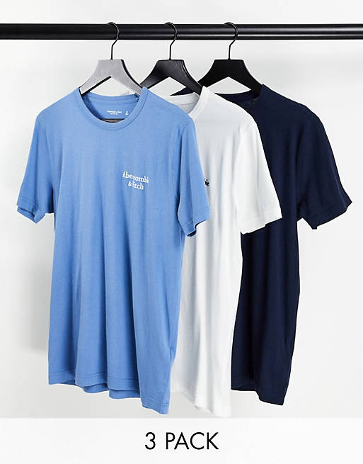 Abercrombie & Fitch 3 pack small logo t-shirt in blue/white/black