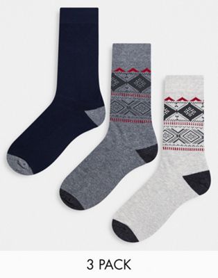 Abercrombie & Fitch 3 pack socks in Fair Isle grey/cream/plain navy