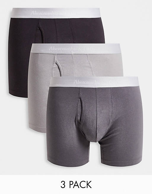 Abercrombie & Fitch 3 pack trunks logo waistband in neutral grays | ASOS