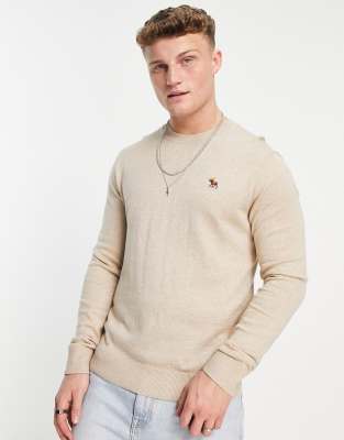 Abercrombie & Fitch 3D icon logo cotton crew neck knit jumper in oatmeal heather