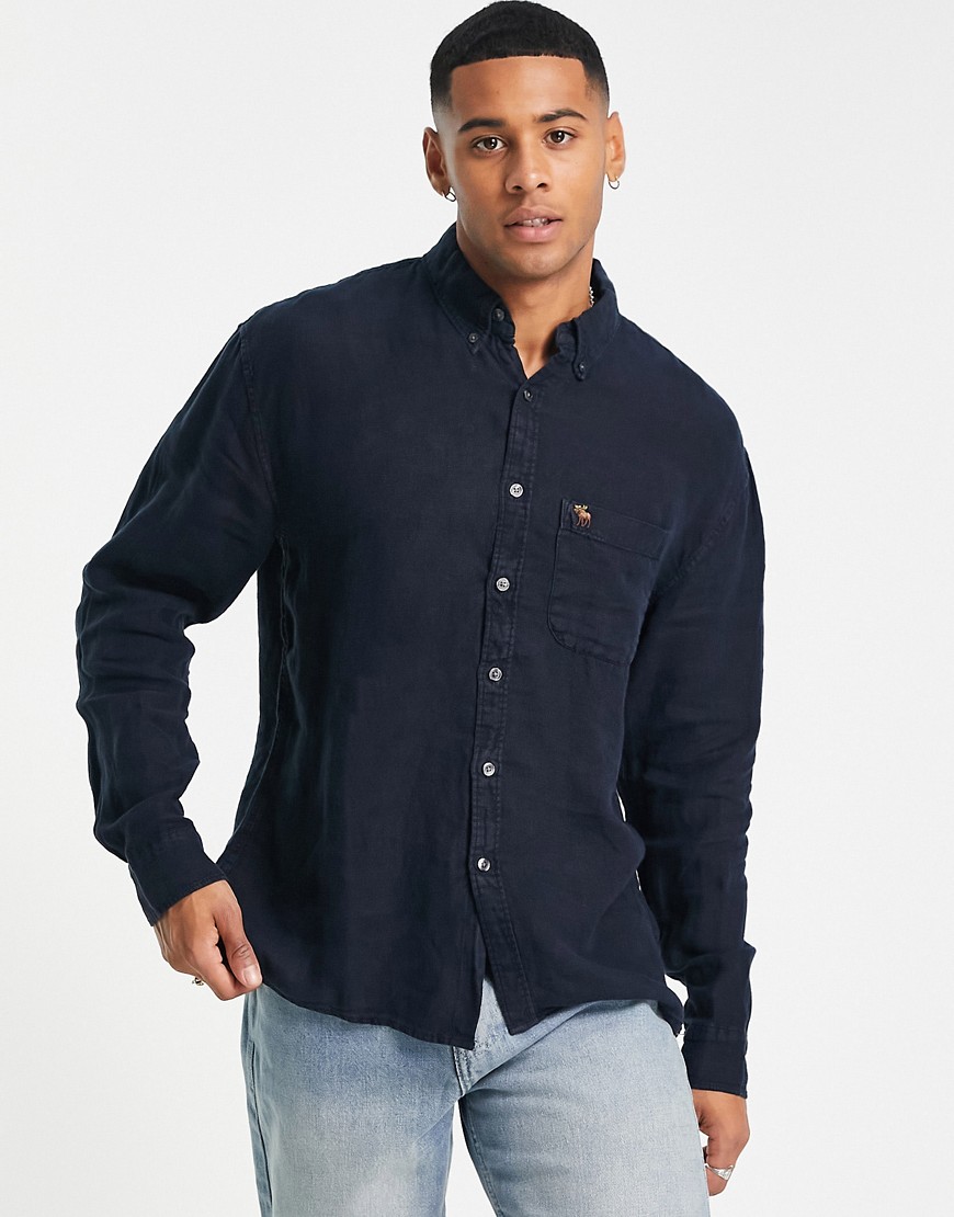 Abercrombie & Fitch 3d Icon Logo Pocket Linen Shirt In Navy