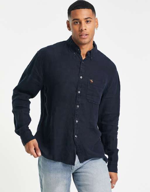 Abercrombie & Fitch 3D icon logo pocket linen shirt in navy