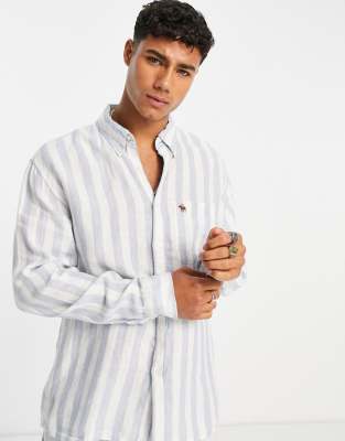 Abercrombie & Fitch 3D icon logo pocket stripe linen shirt in mid blue