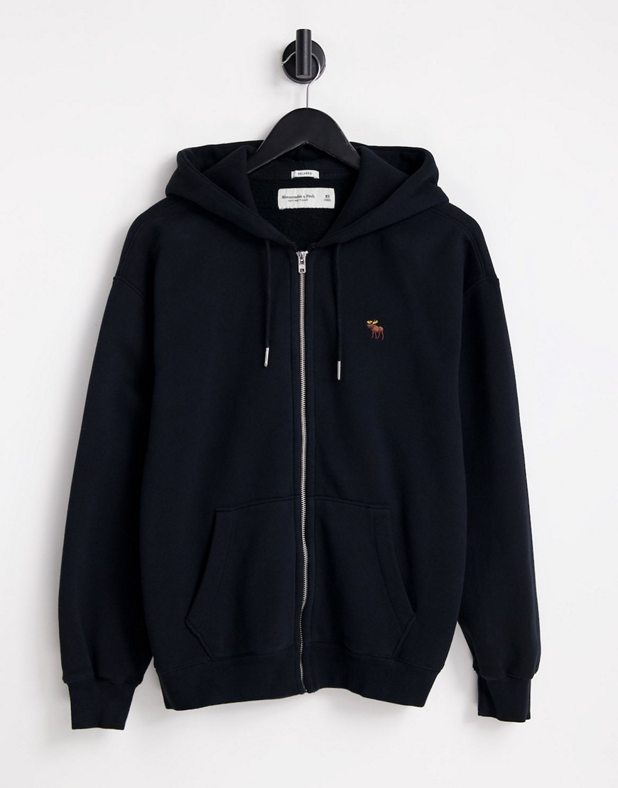 ABERCROMBIE & FITCH 3D ICON LOGO RELAXED FIT FULL ZIP HOODIE IN BLACK