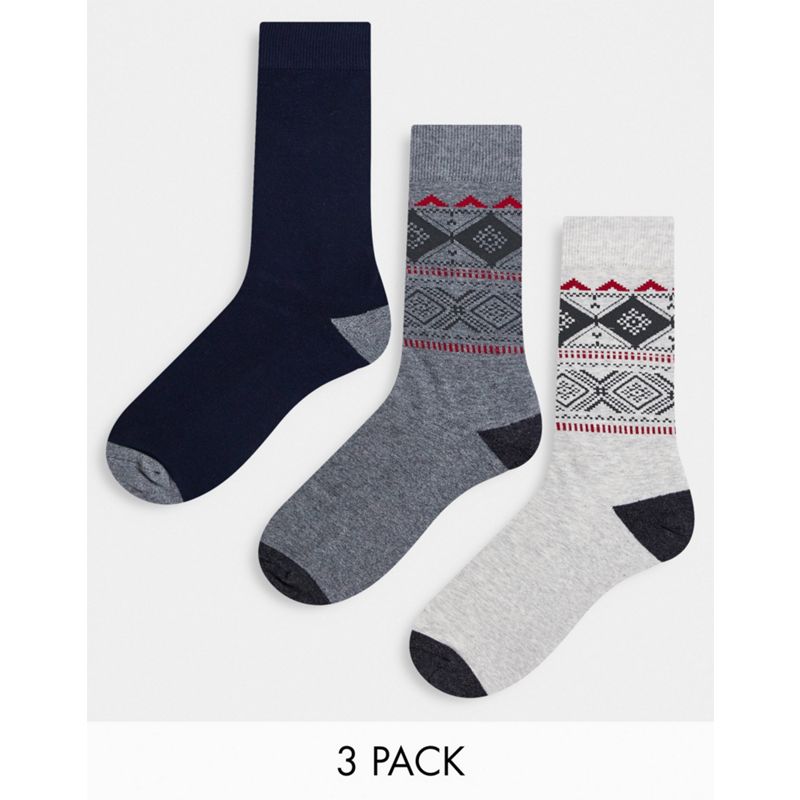 Abercrombie & Fitch – 3er-Pack Socken mit Norwegermuster in Grau, Creme & schlichtem Marineblau