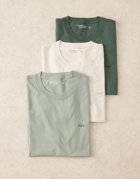 Abercrombie & Fitch – 3er-Pack T-Shirts in Grün und neutralen Farben mit Rundhalsausschnitt und Logo - view 1