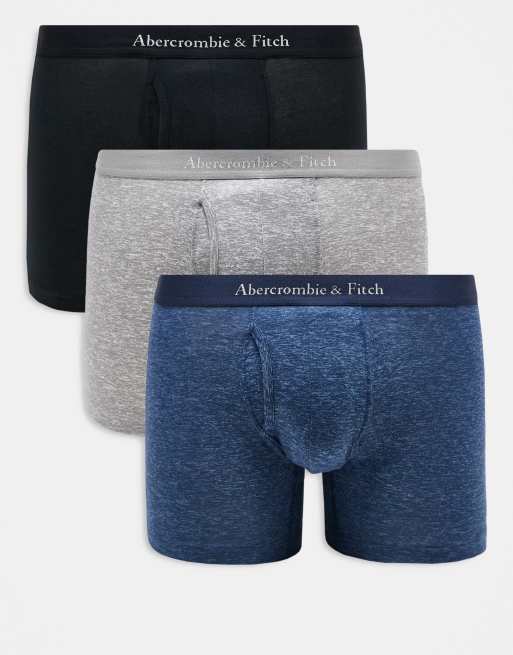 Abercrombie & Fitch – 3er-Pack Unterhosen in Grau, Blau und Schwarz mit farblich abgestimmtem Logobund